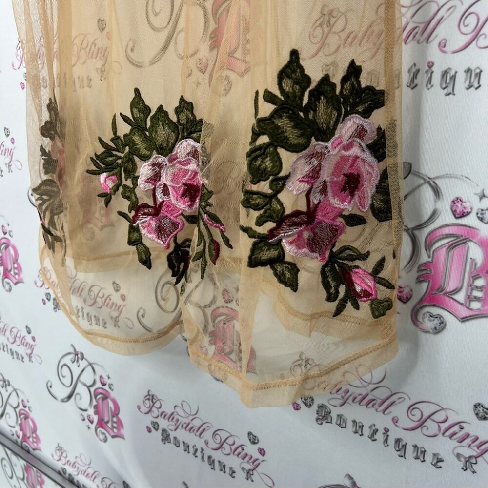 INC International Concepts Floral Sheer Blouse - Tan and Pink roses embroidered - Picture 3 of 6